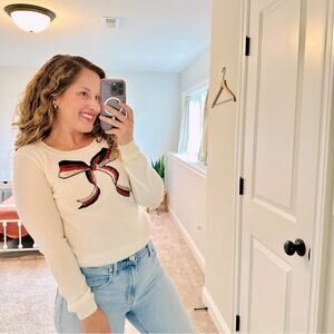 Tuckernuck Never a Wallflower Cream Sequin Bow Cashmere Sweater Small